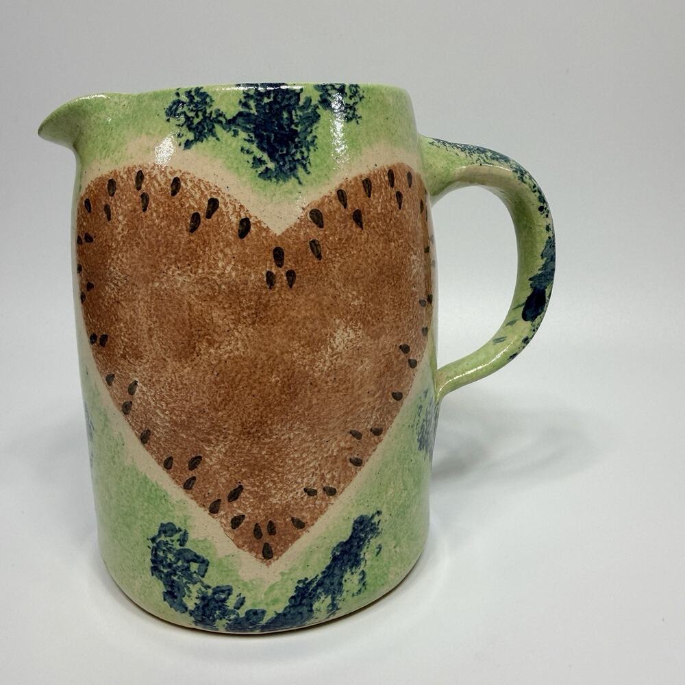 Vtg Spongeware Pottery Watermelon Heart Pitcher Green Red Seeded 6.5” Country